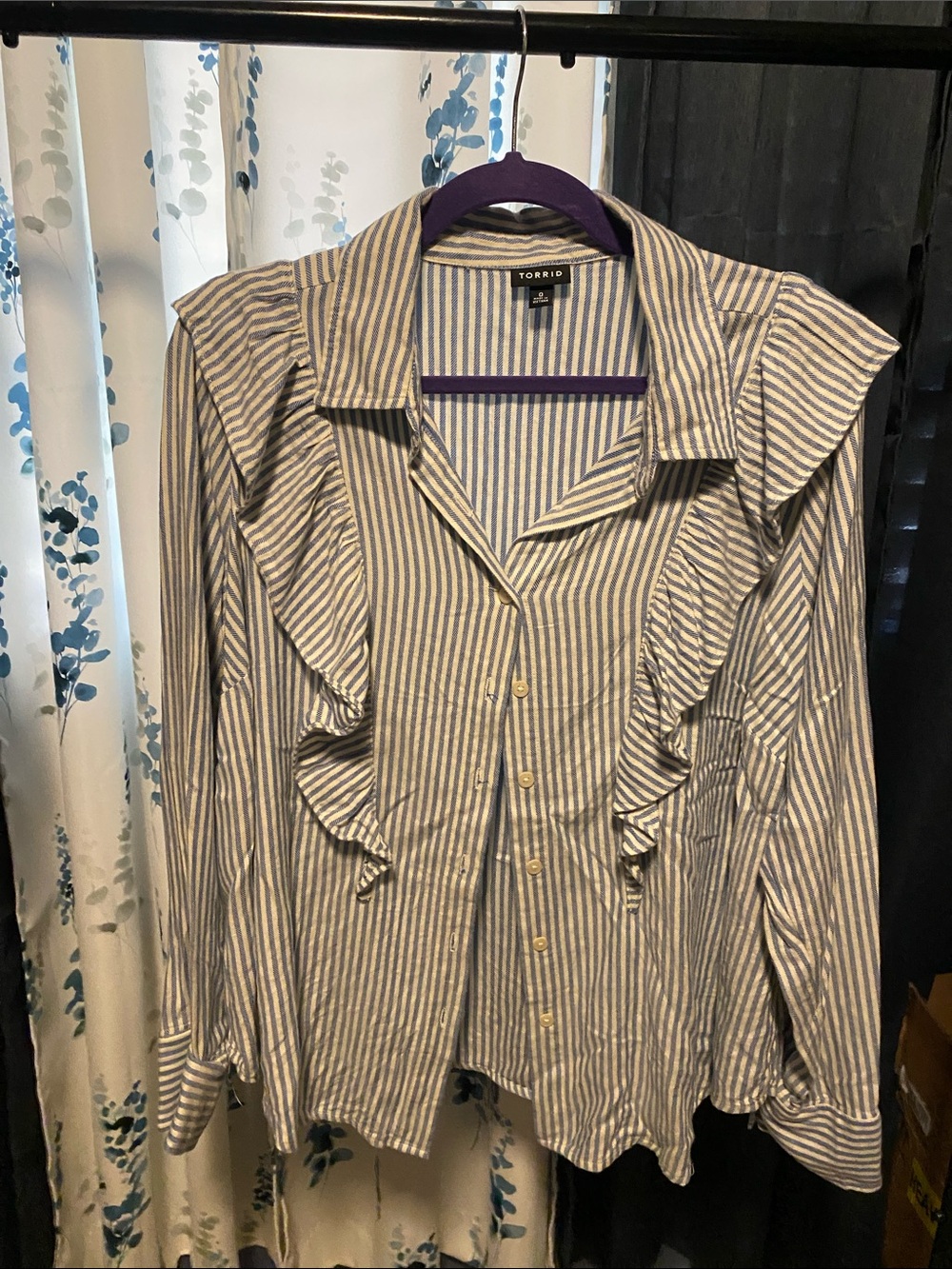 torrid Blue and White Striped Ruffle Button-Up Blouse